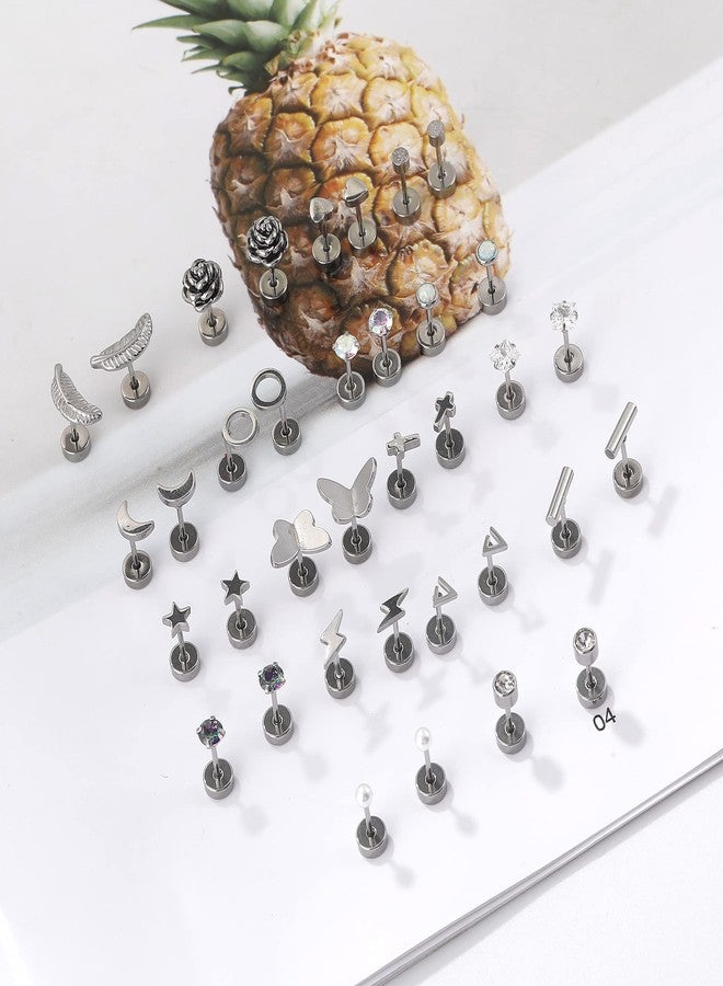 Staligue 18 Pairs Cartilage Stud Earrings Set for Women Men Star Triangle Moon Heart Disc Ball CZ Small Stainless Steel Geometric Barbell Flatback Piercing (Silver) - Image 4